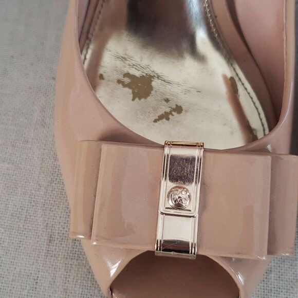 Coach Shoe Womens 9 Starla Nude Bow Peep Toe Platform Patent Leather Pumps - Picture 8 of 10
